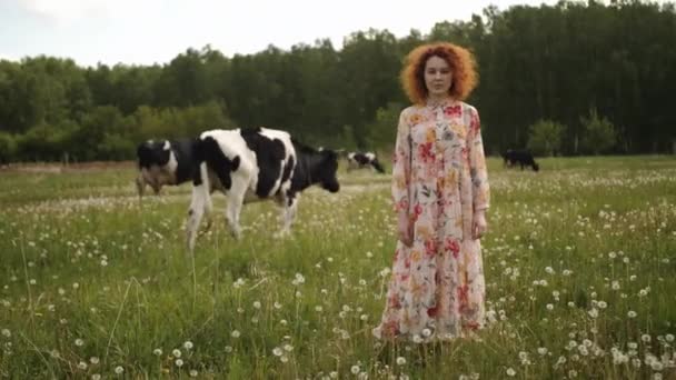 Vörös hajú göndör lány áll a fűben virágok hátterében tehenek, erdő és az ég — Stock videók