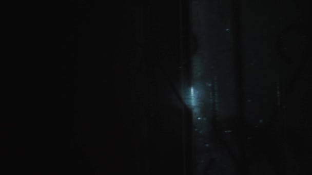 Nattfotograferad reflektion över fönstret. Skuggorna från bladen på fönstret rör sig under påverkan av vinden. — Stockvideo