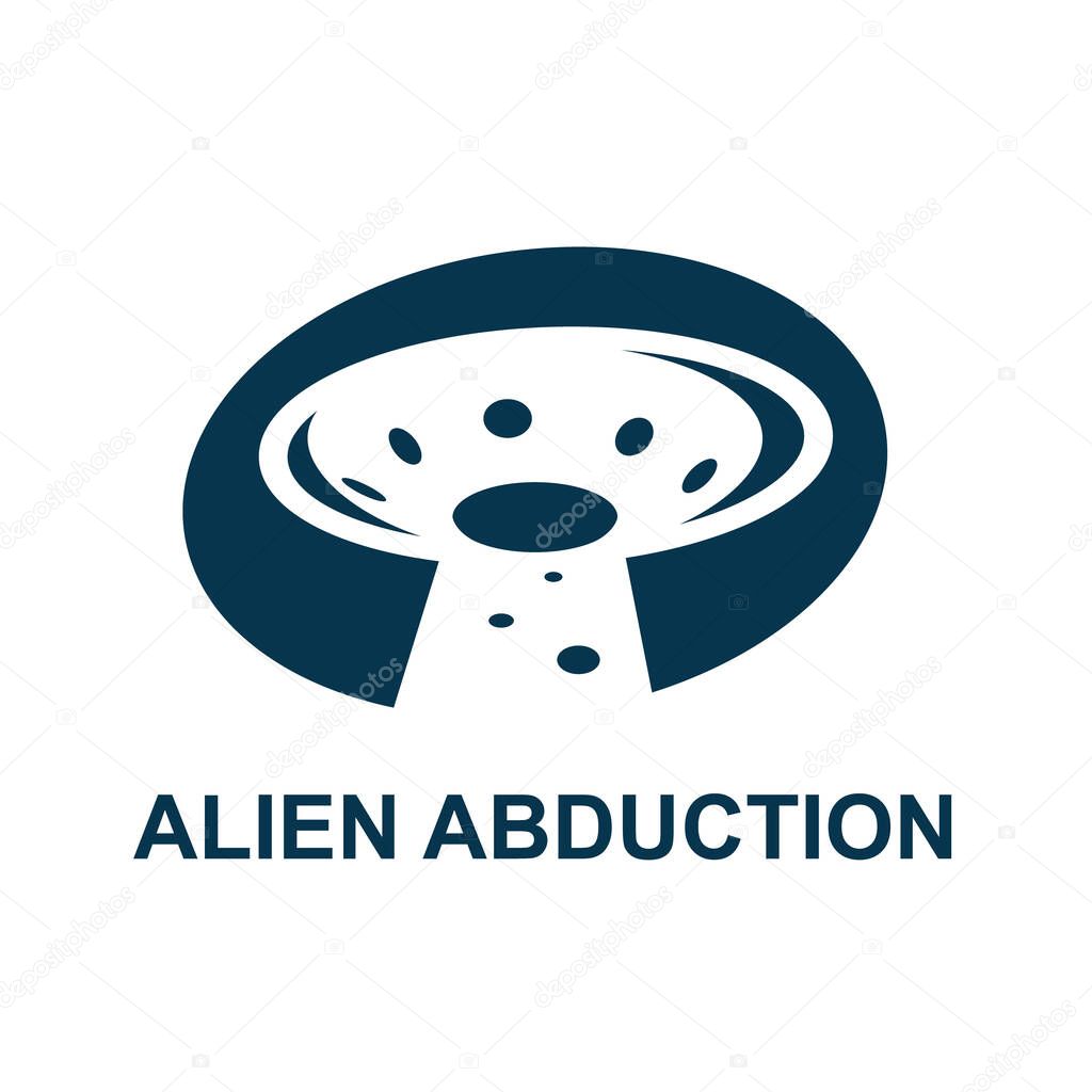 Alien spaceship with light beam logo symbolizing abduction and mystery.