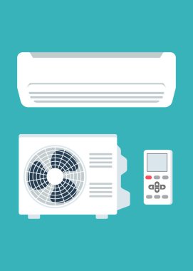 Klima sistemi. harici ve dahili birim ve uzaktan kumanda. Mavi arkaplanda düz bir şekilde vektör illüstrasyonu. Stok illüstrasyonu