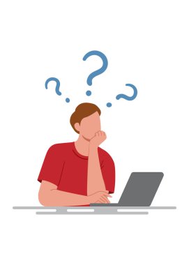 Kafası karışmış adam dizüstü bilgisayarda çalışıyor ve vektör illüstrasyonunu