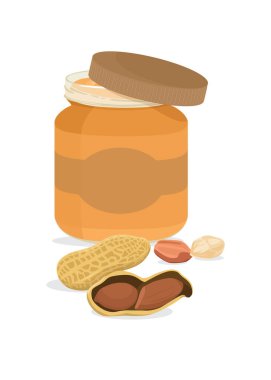 Cam kavanozda fıstık ezmesi ve beyaz arka planda izole edilmiş fındık. Vektör illüstratör hisse çizimi