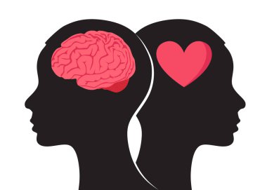 Beyaz arka planda kalp ve beyin, mantık ve duygu vektör çizimi. Düşünmeye karşı his. Vektör illüstratör hisse çizimi