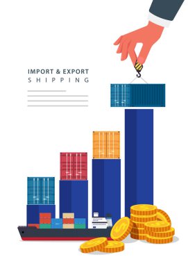 Deniz taşımacılığıyla ithalat ve ihracat. Uluslararası lojistik, kargo teslimatı. Küresel ticaret Okyanus Taşımacılığı. İş adamı dünya çapında mal ve hizmet satıyor. Stok illüstrasyonu.