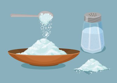 Tuzluk, kaşık ve bir kase tuz. Kaşık ve karıştırıcıdan tuz dök. Pişirme ve pişirme malzemeleri. Çizgi film vektör tuzu. Yemek çeşnisi. Mutfak gereçleri, stok çizimleri.