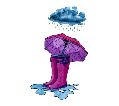 Pembe bot ile bir şemsiye ayakta yağmur altında azıyorum. Suluboya elle çizilmiş şekil. Sonbahar ellements. Yağmur.