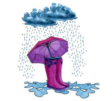 Pembe bot ile bir şemsiye ayakta yağmur altında azıyorum. Suluboya elle çizilmiş şekil. Sonbahar ellements. Yağmur.