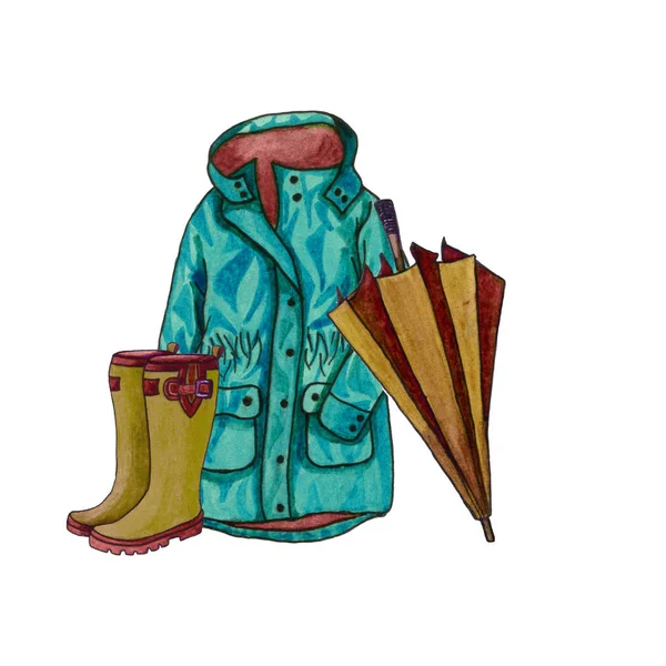 Color rain boots with rain coat and an umbrella. Watercolor hand drawn illustration. Autumn rain cloth on white background.