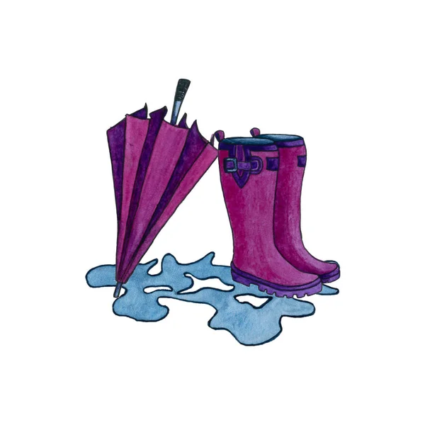 Rosa Stövlar Med Ett Paraply Stående Vattenpöl Akvarell Handritad Illustration — Stockfoto