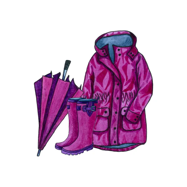 A dark pink boots with rain coat and an umbrella. Watercolor hand drawn illustration. Autumn rain cloth. Rain boots isolated on white background.