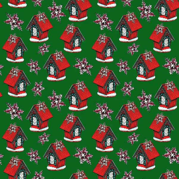 Christmas Seamless Pattern Snowflake House Watercolor Elements Green Background — Stock Photo, Image