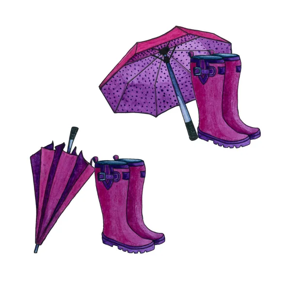 Set of dark pink boots with a different umbrellas. Watercolor hand drawn illustration. Autumn rain cloth. Rain boots isolated on white background.