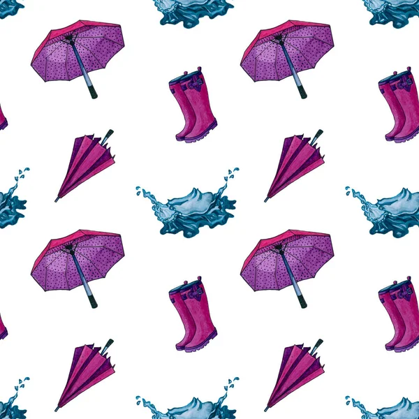 Seamless pattern of autumn elements pink boots, umbrella on white background. Watercolor hand drawn seamless pattern. Autumn rain cloth.