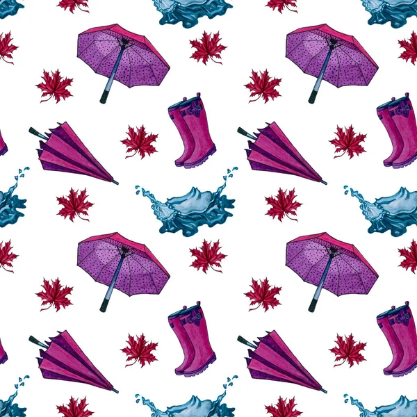 Seamless pattern of autumn elements pink boots, umbrella on white background. Watercolor hand drawn seamless pattern. Autumn rain cloth.