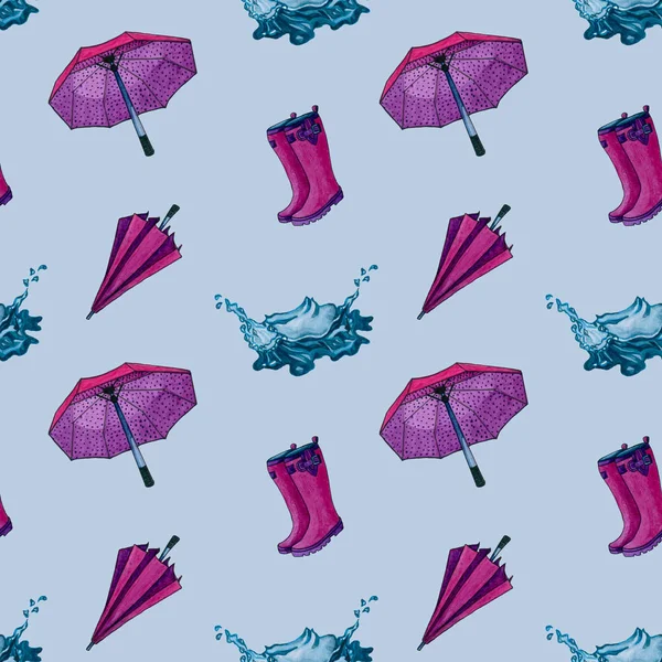 Seamless pattern of autumn elements pink boots, umbrella on blue background. Watercolor hand drawn seamless pattern. Autumn rain cloth.