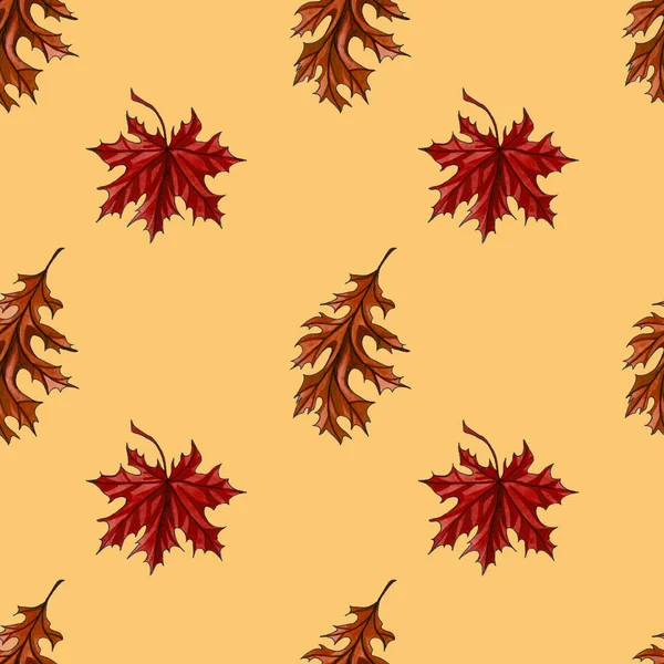 Seamless pattern with autumn maple and autumn oak leaves. Watercolor hand drawn autumn seamless pattern. Illustration for textiles, gift packaging, paper, interior design, cover
