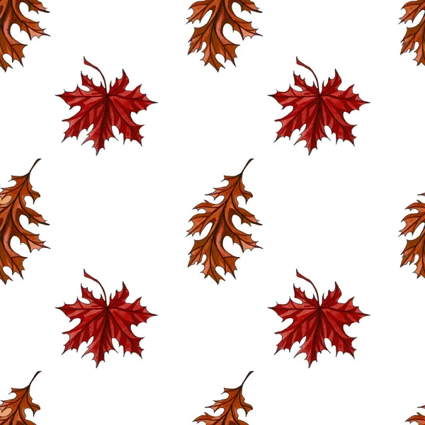 Seamless pattern with autumn maple and autumn oak leaves. Watercolor hand drawn autumn seamless pattern. Illustration for textiles, gift packaging, paper, interior design, cover