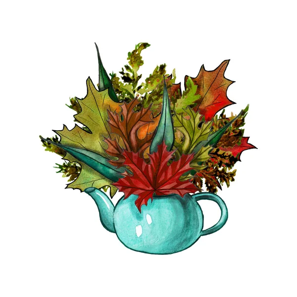 Akvarelu Ručně Kreslenou Podzimní Listí Hrnečku Akvarel Podzimní Kytice Barevné — Stock fotografie