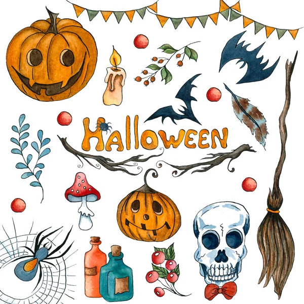 Watercolor Halloween set. Hand drawn Halloween holiday elements isolated on white background.