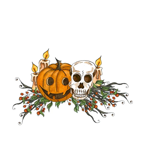 Set Halloween Acuarela Composición Halloween Dibujada Mano Con Calabaza Calabaza — Foto de Stock