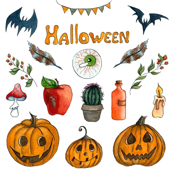 Watercolor Halloween set. Hand drawn holiday icons isolated on white background. Three pumpkins, poisoned apple, spooky eye, succulent and feather.