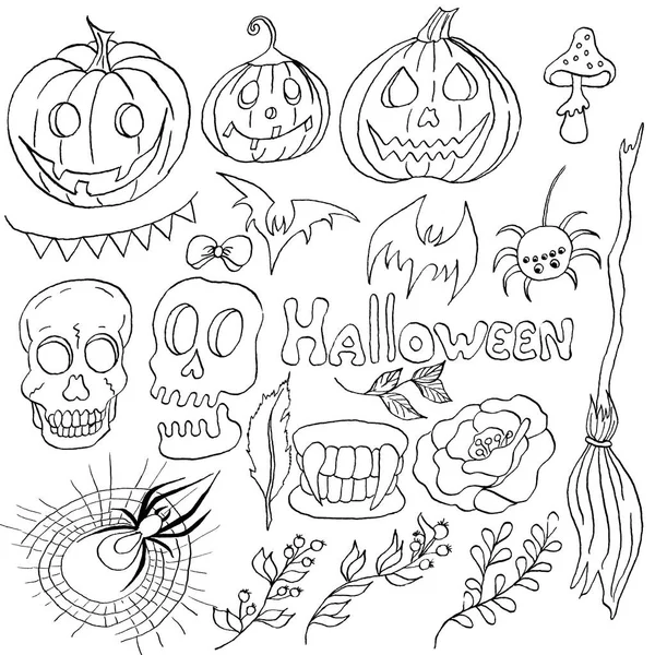 Conjunto Halloween Pintado Mano Gráfico Blanco Negro — Foto de Stock