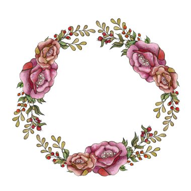 Yuvarlak çiçek çelenk, sonbahar botanik çerçeve. Suluboya resim, beyaz arka plan üzerinde izole Güz çiçekleri