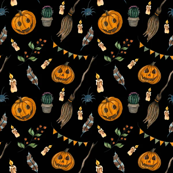 Halloween Sömlösa Mönster Med Pumpa Kvast Fjäder Ljus Akvarell Handritade — Stockfoto