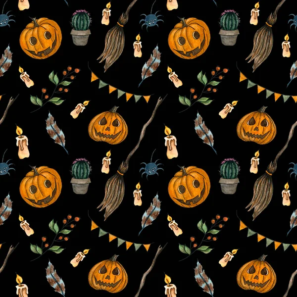 Modello Senza Cuciture Halloween Con Zucca Scopa Piuma Candela Iilustrazione — Foto Stock