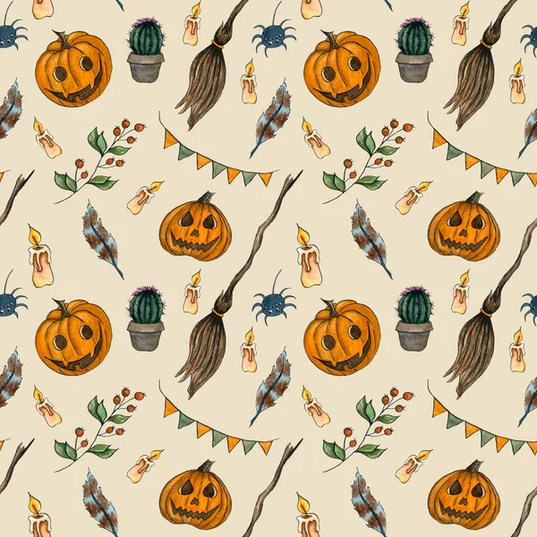 Stock image Halloween seamless pattern with pumpkin, broom, feather, candle. Watercolor hand drawn iilustration