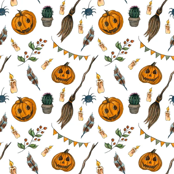 Patrón Sin Costura Halloween Con Calabaza Escoba Pluma Vela Iilustración — Foto de Stock