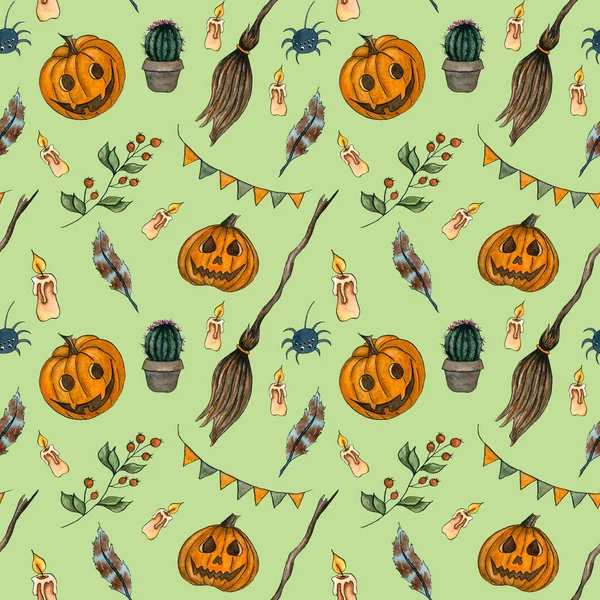 Modello Senza Cuciture Halloween Con Zucca Scopa Piuma Candela Iilustrazione — Foto Stock