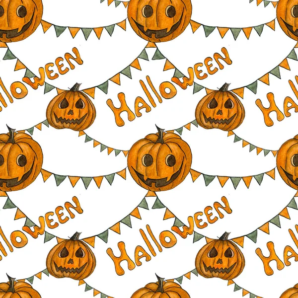 Patrón Sin Costuras Halloween Con Calabaza Acuarela Ilustración Dibujada Mano — Foto de Stock