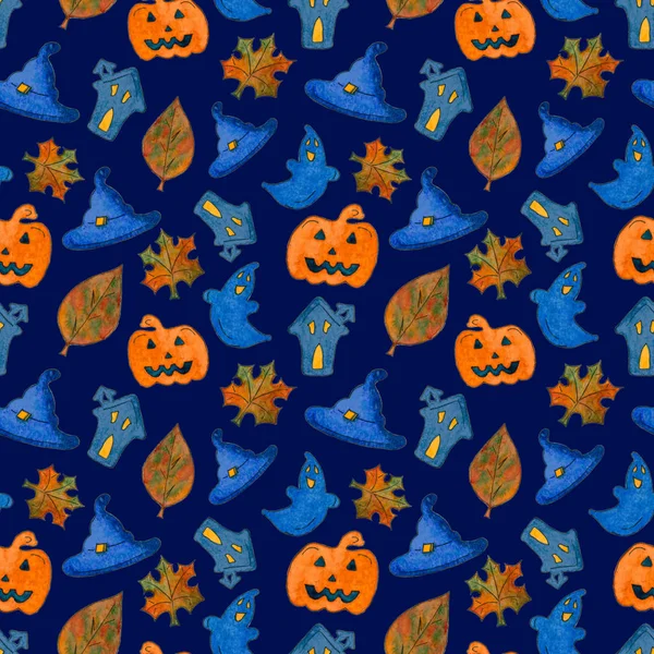 Naadloze Halloween Patroon Met Pompoen Ghost Hoed Herfst Bladeren Een — Stockfoto