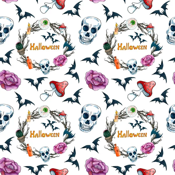 Patrón Sin Costuras Halloween Con Scull Bat Acuarela Ilustración Dibujada — Foto de Stock