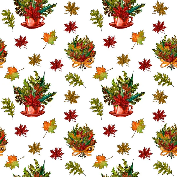 Watercolor hand drawn Thanksgiving seamless pattern. Maple and oak leaves, branches, bouquet. Autumn seamless pattern.