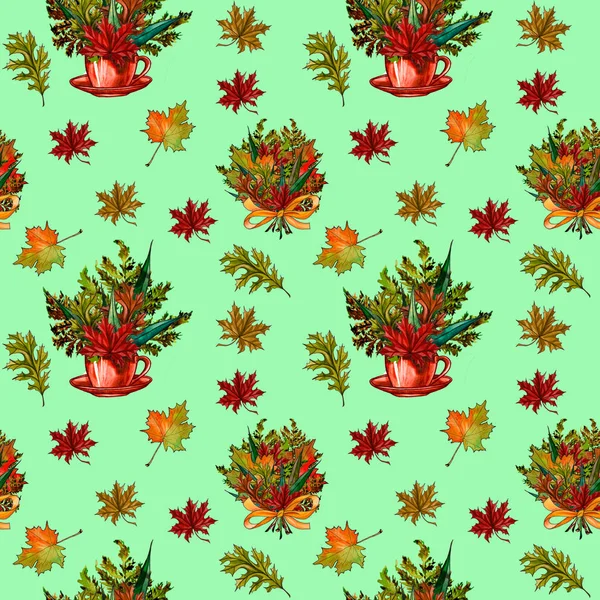 Watercolor hand drawn Thanksgiving seamless pattern. Maple and oak leaves, branches, bouquet. Autumn seamless pattern.