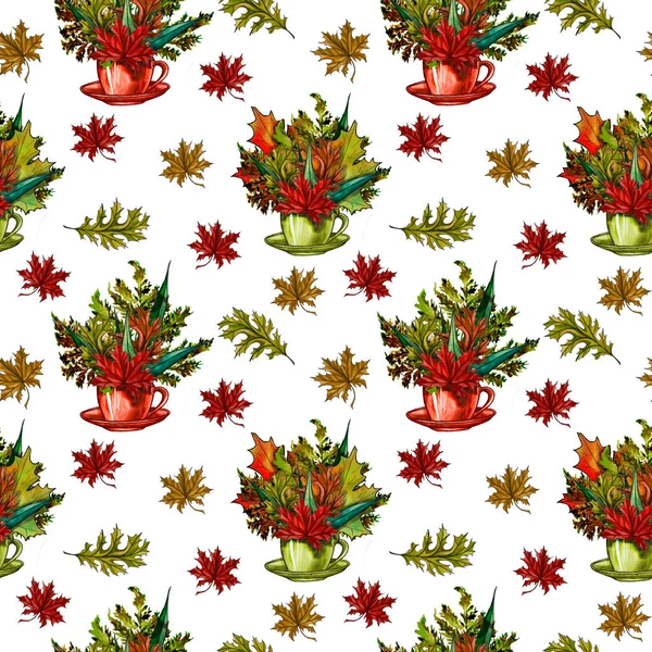 Watercolor hand drawn Thanksgiving seamless pattern. Maple and oak leaves, branches, bouquet. Autumn seamless pattern.