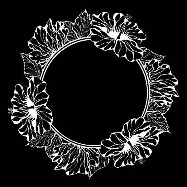 Graphic round frame hibiscus flower in blossom isolated on black background. Hand drawn ink botanical black and white monochrome illustration for wedding printing products, cards, invitation.