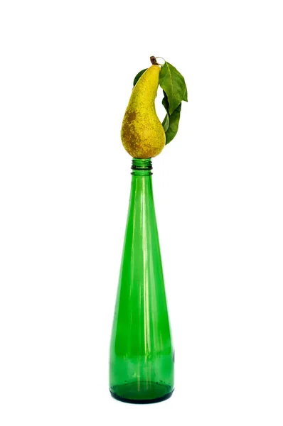 Green Glass Bottle Yellow Ripe Pear Top Bottle Isolated White — Stock Photo, Image