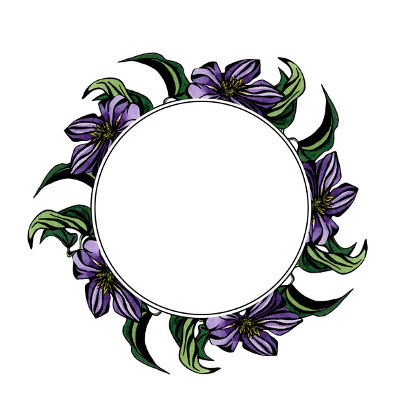 Grafický Kulatý Rám Plamének Ibišky Kvetou Květu Izolovaných Bílém Pozadí — Stock fotografie