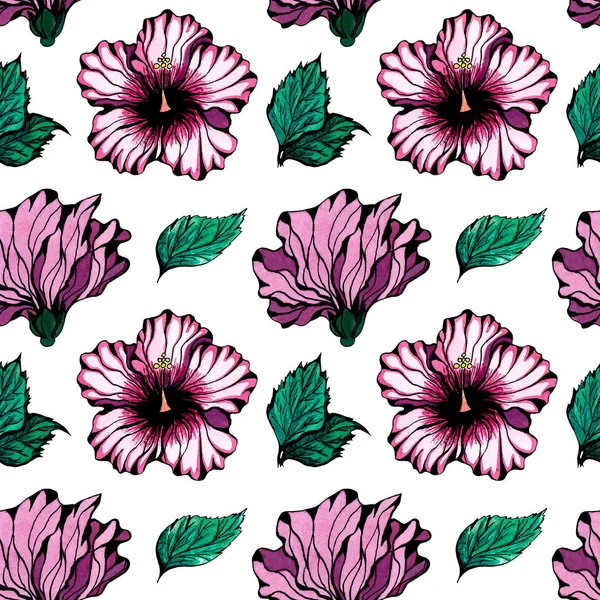 Aquarell Nahtloses Muster Mit Hibiskusblüten Und Blättern Auf Weißem Hintergrund — Stockfoto