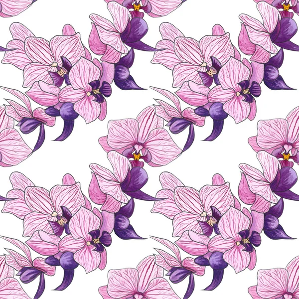 Aquarell Nahtloses Muster Mit Rosa Orchideenblüten Handbemalte Florale Botanische Nahtlose — Stockfoto