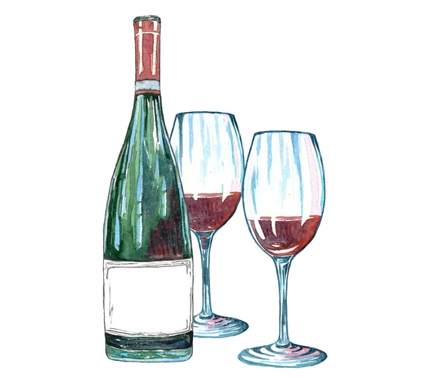 白色背景上的红藤瓶和一杯葡萄酒 水彩手绘插图 红酒玻璃素描 — 图库照片