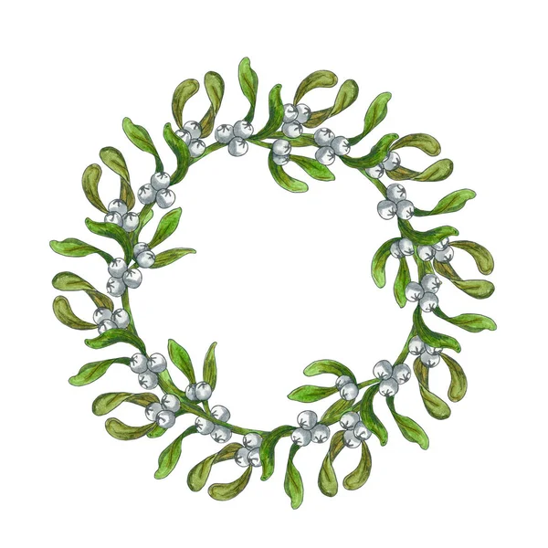 Kézzel Rajzolt Fagyöngy Koszorú Akvarell Karácsonyi Növény Háttér Romantikus Karácsonyi — Stock Fotó
