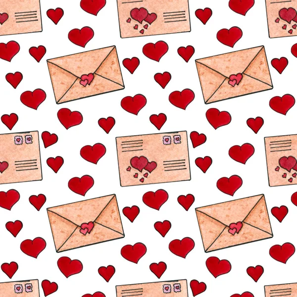 Patrón Sin Costuras Con Sobres Corazones Para Día San Valentín —  Fotos de Stock