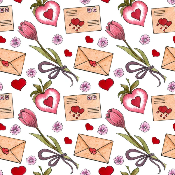 Motif Sans Couture Avec Enveloppes Tulipes Cœurs Pour Saint Valentin — Photo