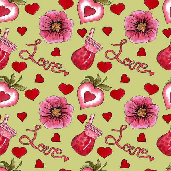 Seamless pattern with love cocktail, flower and hearts for Valentine\'s day