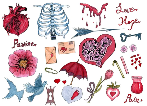 Grote Aquarel Set Elementen Voor Valentijnsdag Set Hand Geschilderd Aquarel — Stockfoto