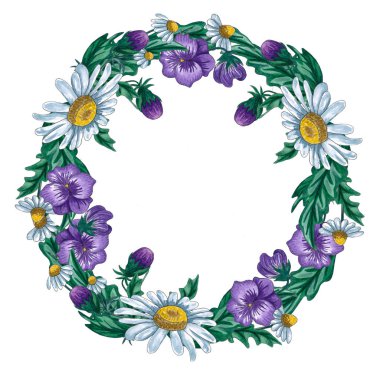 Kır çiçekleri ve yaprakları ile suluboya çiçekli çerçeveler. Şablon çerçeve çiçekler. Davetiyeler ve kartpostal tasarım.